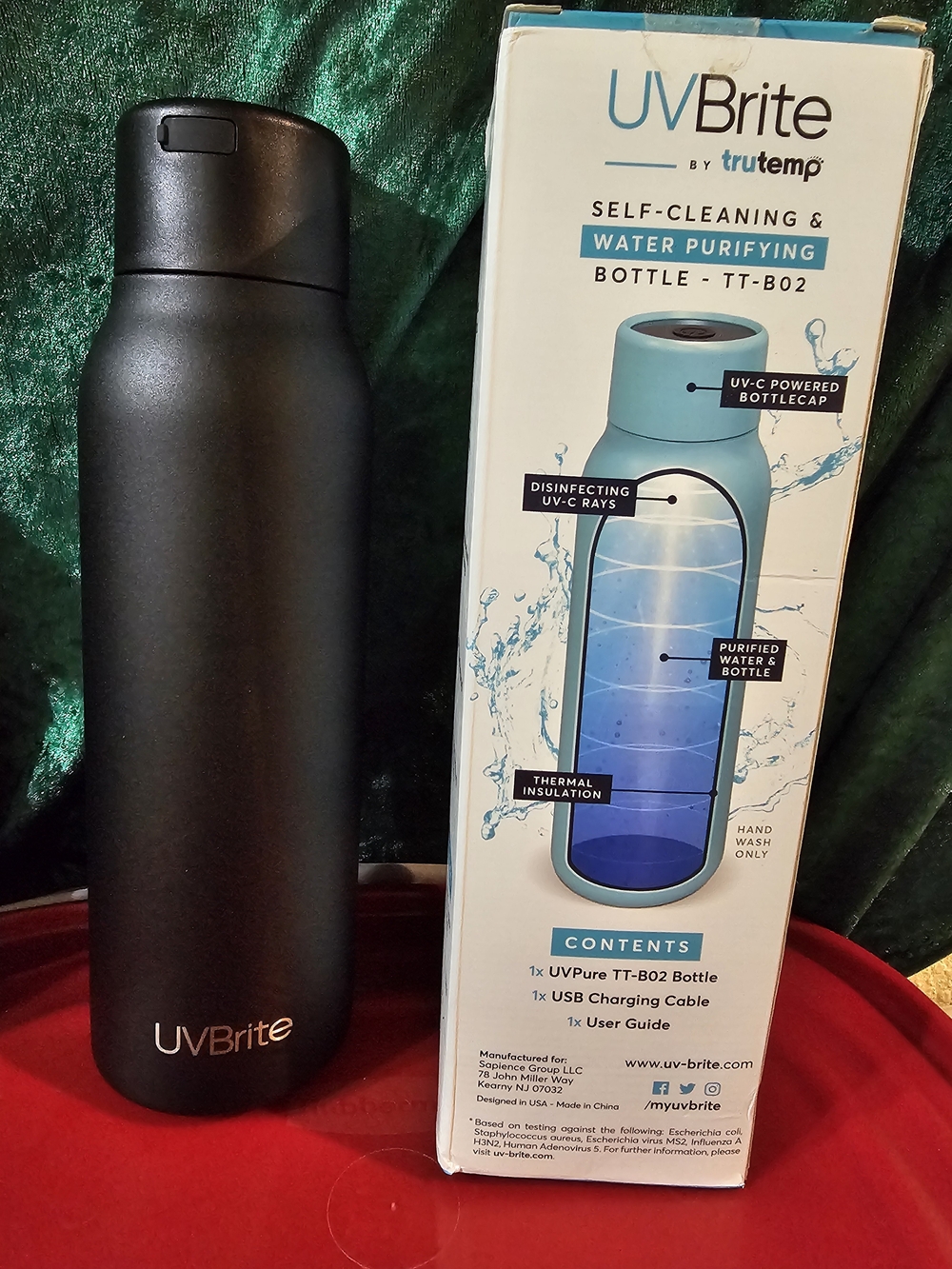 UVBrite Self-Cleaning Black Water Bottle with UV-C Cap